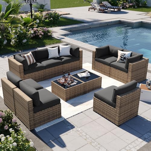 Aoxun Patio Furniture Sets, 10-Piece Outdoor Patio Furniture with Thick Cushions, Wicker Outdoor Conversation Set Sectional Sofa for Backyard, Poolside, Garden