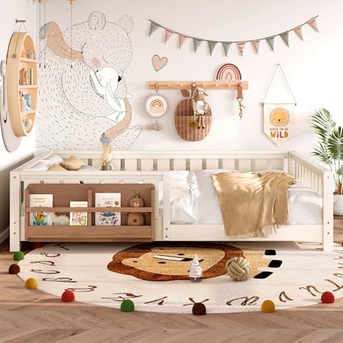Queen Size Montessori Floor Bed with Bookshelf, Guardrail and Slats, Beige
