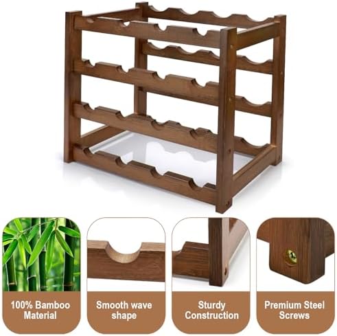 Bamboo Wine Rack, 4-Tier 16 Bottles Wine Storage Cabinet Shelf