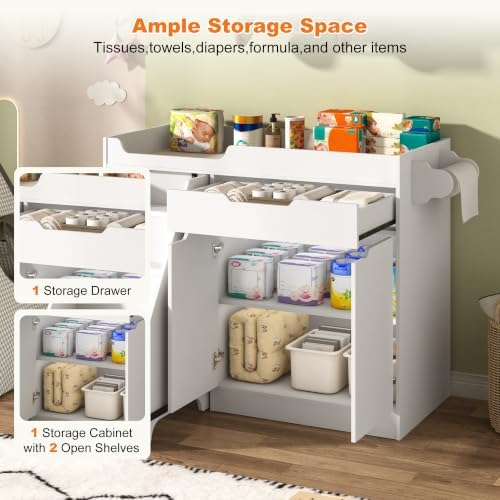 St.Mandyu Baby Changing Table with Drawers & Storage, Diaper Changing Station with Stairs, Toddler Wooden Changing Table with Paper Roller for Daycare & Home, White