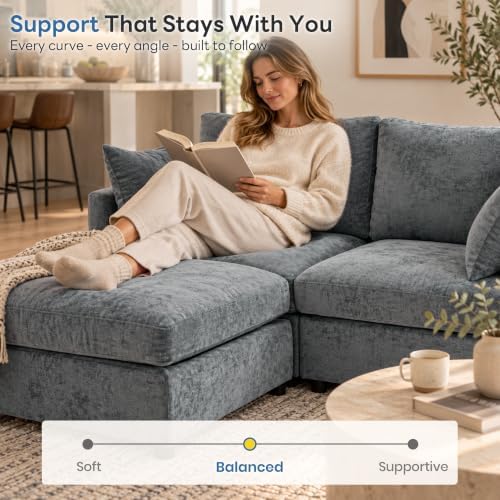 Iroomy Sectional Couch for Living Room, Comfy L Shaped Convertible Sofa, 4 Seater Modern Chenille Sofa with Ottoman, Grey