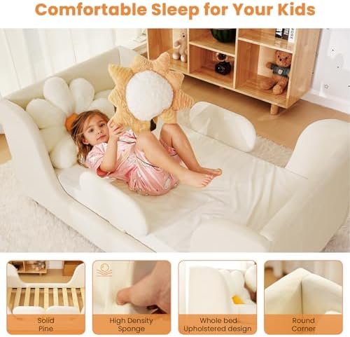 Toddler Bed, Toddler Floor Bed Frame with Wood Slats, Small Beds with Removable Safety Guardrails, Standard Crib Size Kids Bed for Girl and Boy, White