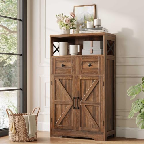 Walnut Farmhouse Storage Cabinet with Drawers, Small Kitchen Pantry Cabinet
