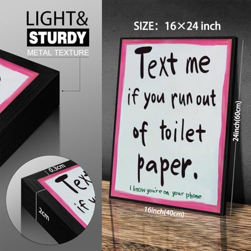 Pink Funny Bathroom Poster Text Me If You Run Out Of Toilet Paper Wall Art 16x24 inch Black Framed Preppy Dopamine Kitsch Aesthetic Canvas Prints for Bathroom Restroom Wall Decor