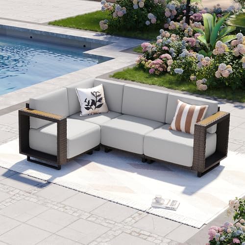 Aoxun Patio Furniture Set, 4 Piece Outdoor Sofa Set, Brown/Light Gray