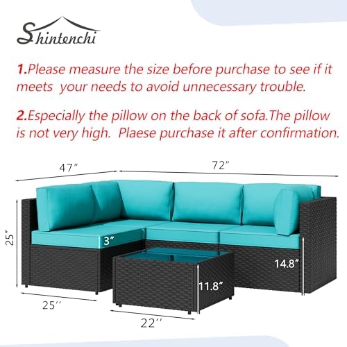 Shintenchi 5 Piece Outdoor Patio Furniture Set with Black PE Rattan, Blue