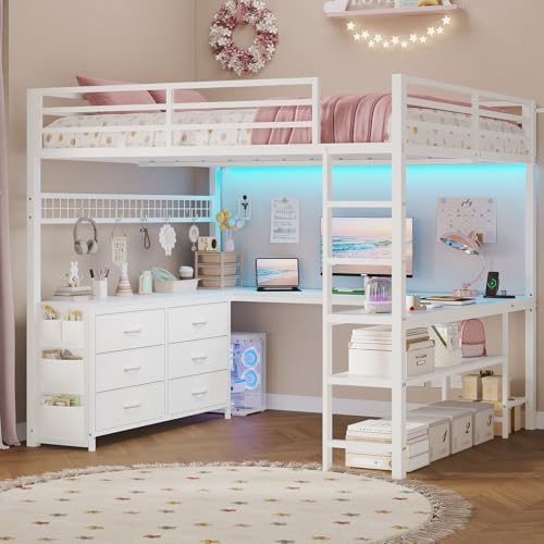 ADORNEVE Loft Bed Full Size with U-Shaped Desk, 6 Storage Drawers,White