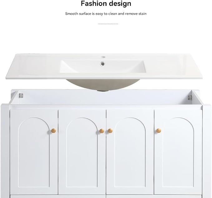 LUMISOL 48 Inch Bathroom Vanity with Sink, Freestanding Bathroom Vanity Cabinet with 4 Soft-Close Doors & 2 Drawers, Modern Painted Vanity with Single Resin Sink, White