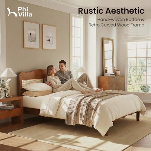 PHI VILLA Solid Wood Queen Bed Frame with Adjustable Headboard