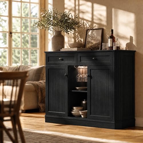 Black Coffee Bar with 2 Drawers & 2 Doors, LED Wine Bar Cabinet with Wine Glasses, Coffee Station with Built-in Outlets, Buffet Cabinet Sideboard with Extra Storage for Living Room Kitchen Entryway