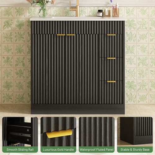 CARPETNAL 36 Inch Bathroom Vanity with Sink, Black. | Modern Fluted Bathroom Vanity with Sink with Storage Cabinet, Adjustable Shelf and 2 Soft Closing Doors & 3 Drawers.
