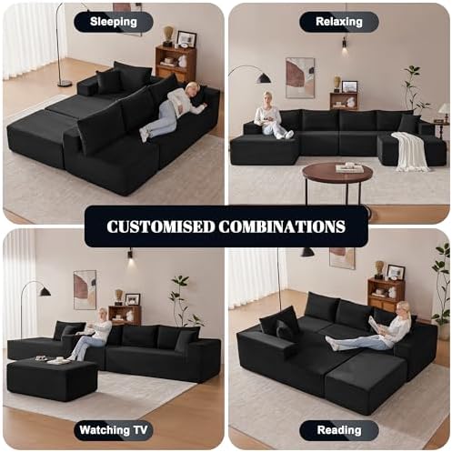 Mangodan 140” Cloud Sectional Couch, Boneless Sofa for Living Room, Modular Sectional Sofa with Deep Seat, Comfy Fluffy U-Shaped Couch with Right-Facing Chaise, No Assembly Required, Black
