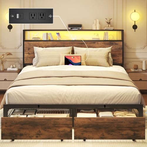 Queen Bed Frame with Charging Station, LED Lights, 2 Drawers, Rustic Brown
