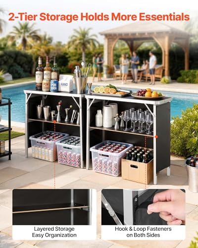 VEVOR Folding Portable Bar Table, 2 pcs, 38.6 x 15.2 x 34.3 in, with Carry Bag, Storage Shelf, Detachable Skirt, Quick and Easy Setup, Foldable Mobile Bartending Station for Events, Party, Tradeshow