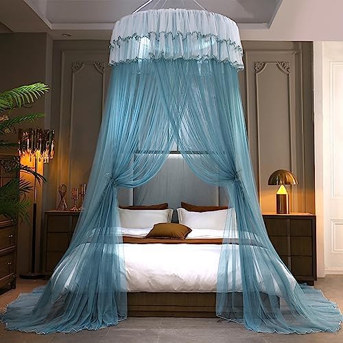 Kertnic Mosquito Net Bed Canopy for Girls, Princess Canopy Bed Curtain Fine Sheer Mesh Dome Bed Canopies, Girls & Adults Lace Tent for Twin Full Queen King Bed (Lake Blue)