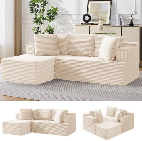 Korser Boneless Couches for Living Room, Cloud Couch Sectional with Ottoman, L-Shaped Sofa with Fluffy Comfy Corduroy Deep Seat, Bedroom, Apartment, No Assembly Required