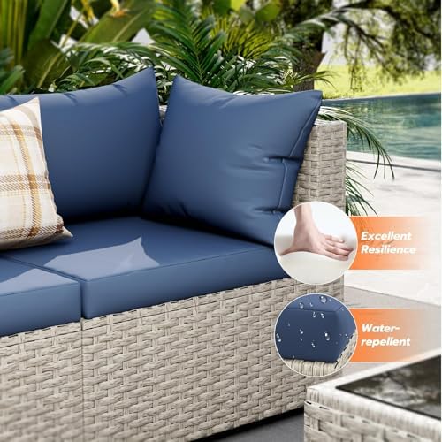 Outdoor Patio Furniture Set with Fire Pit 8 Pcs Wicker Sectional Sofa Blue