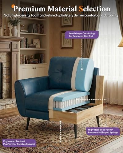 Blue Faux Leather Accent Chairs Set of 2, Tufted Arm Chairs for Living Room