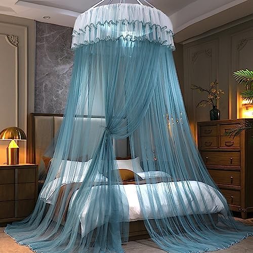 Kertnic Mosquito Net Bed Canopy for Girls, Princess Canopy Bed Curtain Fine Sheer Mesh Dome Bed Canopies, Girls & Adults Lace Tent for Twin Full Queen King Bed (Lake Blue)
