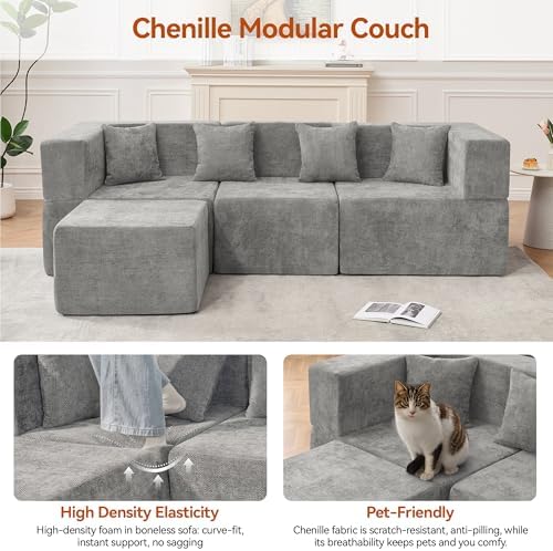 MONVANE 103'' Modular Sectional Sofa, Cloud Sectional Couch with Ottoman, Convertible Chenille L Shaped Couch with Deep Seat, Sectional Couches for Living Room, No Assembly Required, Light Grey
