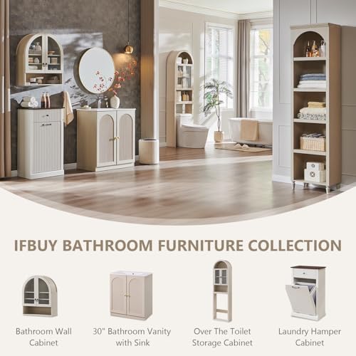IFBUY 30 Inch Arched Bathroom Vanity with Sink, Modern Fluted Design, Cream | Bathroom Vanity Cabinet w/Adjustable Storage Shelf, Freestanding Single Bathroom Vanity w/Ceramic Basin, Space-Saving