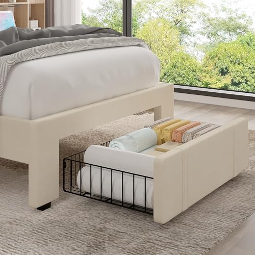 VECELO Twin Size Upholstered Bed Frame with Drawer and Headboard, Velvet Platform Storage Bedframe, Wooden Slats Support, No Box Spring Needed,Bone Beige
