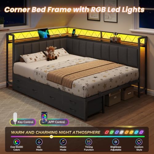 Full Corner Bed Frame with Storage Shelves, 6 Drawers,Charging Station,Grey