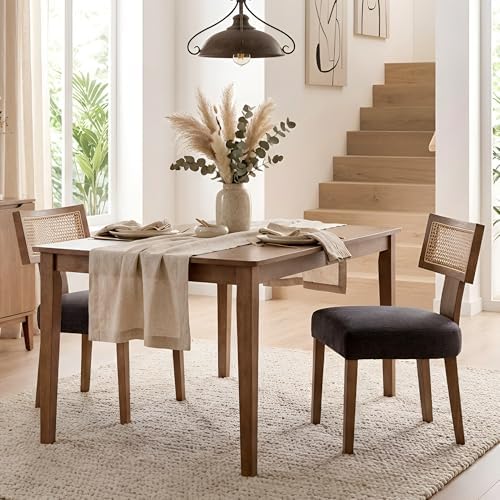 HNY Mid Century Modern Rattan Dining Chairs Set of 2, Farmhouse Linen Upholstered Accent Chair Curved Backrest Kitchen Chairs, with Hardwood Frame, Charcoal