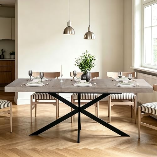 Extendable Dining Table for 4-6 People, 55" to 71" Expandable Table with Hidden Storage Drawer and Black Metal Base, Modern Rectangular Kitchen Dining Table, Grey