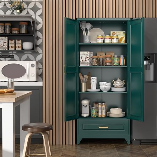 SteeLoong 75" Metal Storage Cabinet with Doors and 3 Adjustable Shelves | Kitchen Pantry Cabinet with Drawer,Green Kitchen Cabinet with 2 Gold Handles,Food Cupboard for Livingroom,Pantry, Bathroom