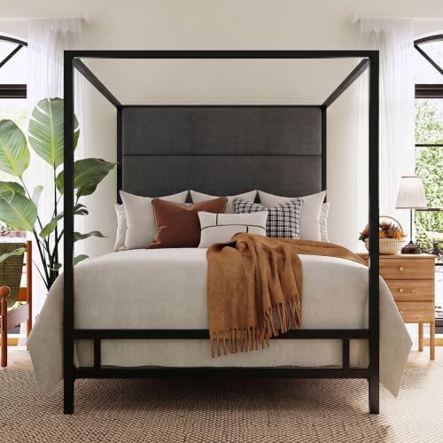 Merax Queen Canopy Bed Frame with Tall Linen Headboard, Metal 4 Poster Bed