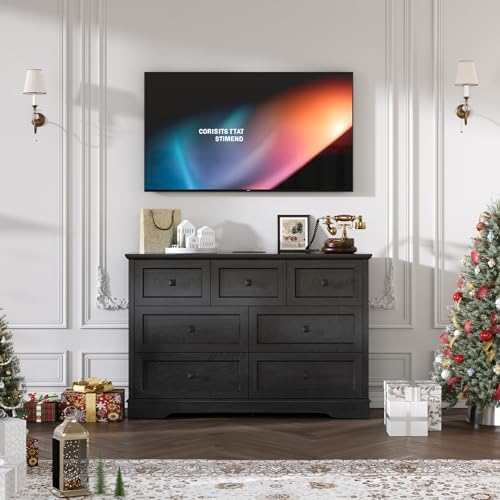 Farmhouse 7 Drawers Dresser for Bedroom Wood Dressers with Charging Station
