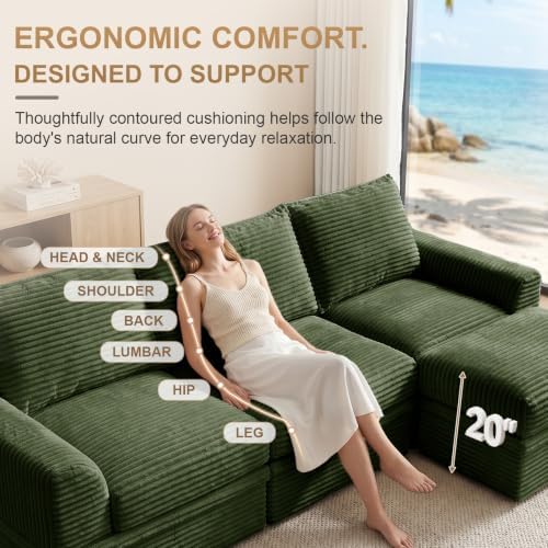142" Oversized Modular Sectional Cloud Couches for Living Room, Corduroy 6-Seat Large Upgraded Boneless Couch with Ottoman Chaise, Deep Seat, U Shaped Memory Foam Sofa-in-a-Box, No Assembly, Green