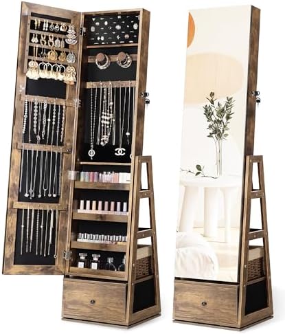 Nicetree 360° Swivel Jewelry Cabinet, Full Length Mirror, Lockable | Rotatable Jewelry Armoire Organizer, Standing Mirror with Storage, 3 Rear Shelves + Bottom Drawer, Gift Idea, Rustic Brown