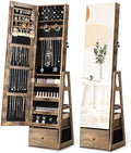 Nicetree 360° Swivel Jewelry Cabinet, Full Length Mirror, Lockable | Rotatable Jewelry Armoire Organizer, Standing Mirror with Storage, 3 Rear Shelves + Bottom Drawer, Gift Idea, Rustic Brown