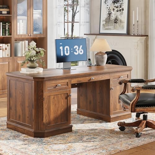 59" Classic Executive Desk with Storage, Victorian Executive Desk with Charging Station, Keyboard Tray, 3 Drawers & 2 Cabinet Storage & 2 Pedestals, Easy Assembly, Dark Walnut
