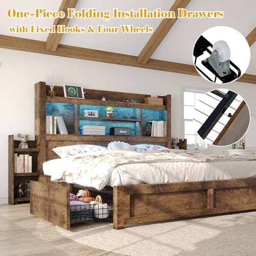 LUXOAK 5-Piece Farmhouse Bedroom Set - Full Storage Bed & Dresser, Brwon