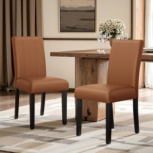 CHUN YI Dining Chairs Set of 2, Faux Leather Dining Room Chairs, Upholstered Modern Kitchen Parsons Chairs for Dining Room with Sturdy Wood Legs, Light Brown (Only Chair)