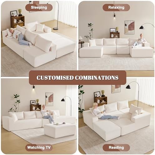Mangodan 140” Cloud Sectional Couch, Boneless Sofa for Living Room, Modular Sectional Sofa with Deep Seat, Comfy Fluffy U-Shaped Couch with Right-Facing Chaise, No Assembly Required, Beige