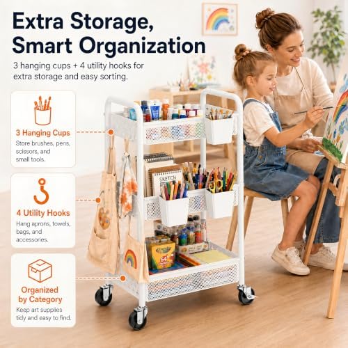 3 Tier Rolling Storage Cart Organizer, Metal Rolling Utility Carts on Wheels, White Art Cart with Hanging Cups and Hooks, Three Tiered Roller Trolley for Cleaning Supplies, Diaper Caddy, Craft, Nail
