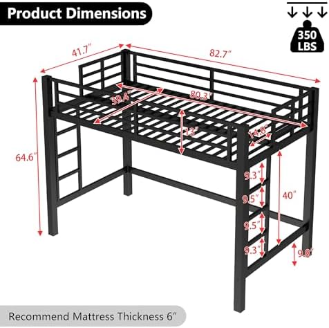 Bellemave Twin XL Size Loft Bed Frame with 2 Ladder, Sturdy Metal Construction & High Guardrail, Space Saving Twin XL Loft Bed for Kids, No Box Spring Needed, Safe for Adults, Teens, Dorms, Black