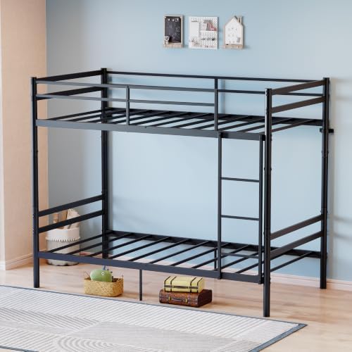 Bellemave Twin Over Twin Bunk Beds, Metal Bunk Bed Frame with Ladder and Full-Length Guardrail for Kids, Adults, Can be Split, Black
