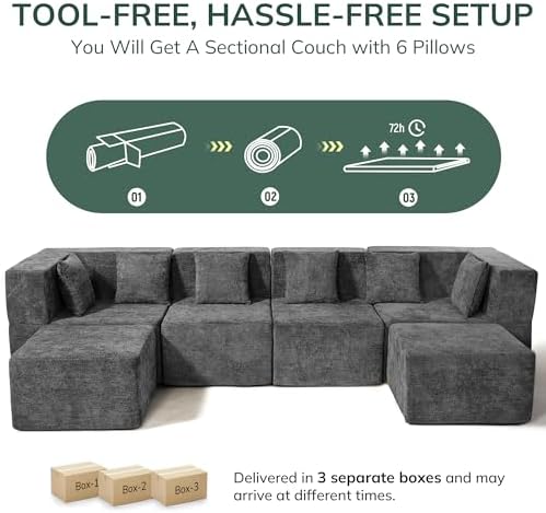 MONVANE Modular Sectional Cloud Couch for Living Room - 130'' 6 Seater Convertible Chenille Couches Set with Ottoman, No Assembly Compression Sofas, Comfy Floor Sofa with Memory Foam, Grey