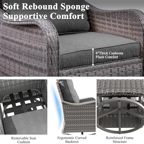 2-Seat Modern Patio Furniture Set with Swivel Rocking Chairs, Thick 4″ Cushions, Dual-Strand Wicker Rattan, Rust-Resistant Steel Frame – Outdoor Conversation & Modular Sectional,Black