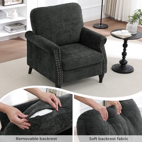 Accent Chair for Living Room, Modern Mid Century Reading Chair Armchair High Back Upholstered Armchair with Wooden Legs for Living Room Bedroom Office (Black, 1pcs)