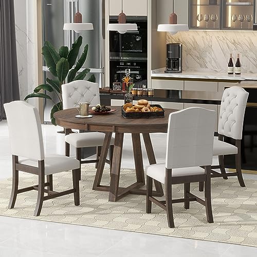 LUMISOL Round Dining Table Set for 4, Farmhouse Extendable Kitchen Table Set with 4 Upholstered Chairs, Solid Wood Table and Chairs Set for Kitchen, Dining Room, Living Room, Beige+Walnut