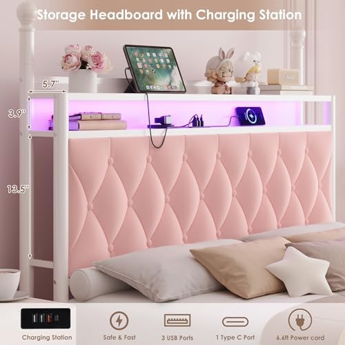 HIFIT Queen Size LED Canopy Bed Frame with Storage & Charging Station, Pink