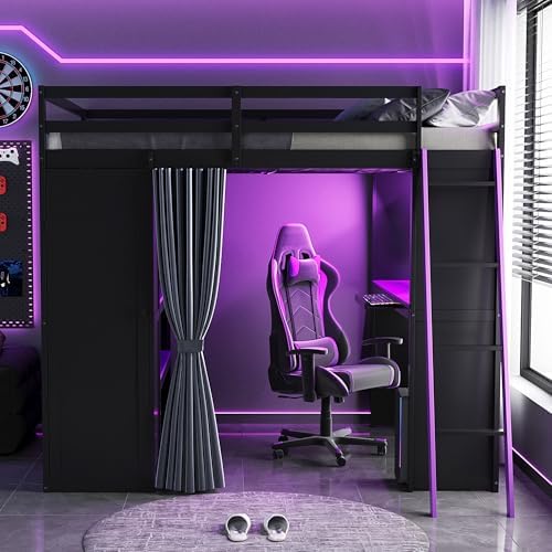 Merax Full Size Loft Bed with Desk and 6 Storage Shelves, Wardrobe, Blackout Curtain, Solid Wood Gaming Loft Bed Frame with USB Port & RGB Lights, No Box Spring Needed, Space-Saving, Black+Purple