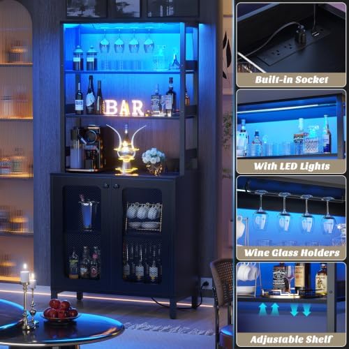 Aheaplus Bar Cabinet with Power Outlets, 67" Tall Wine Bar Cabinet, Black
