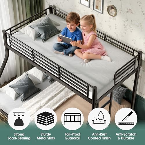 Bunk Beds Twin XL Over Queen, Heavy Duty Bunk Beds with Bottom Space & Guardrail Metal Bunk Bed Frame for Adults Teens Dorm Bedroom Guest Room, No Box Spring Needed（Black）